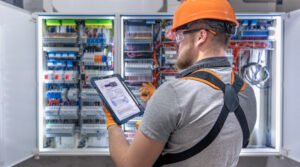 A male electrician in overalls, focused on work in switchboard with fuses, using tablet. High quality photo. An electrician with a tablet in his hand works in the switchboard. Copy space.